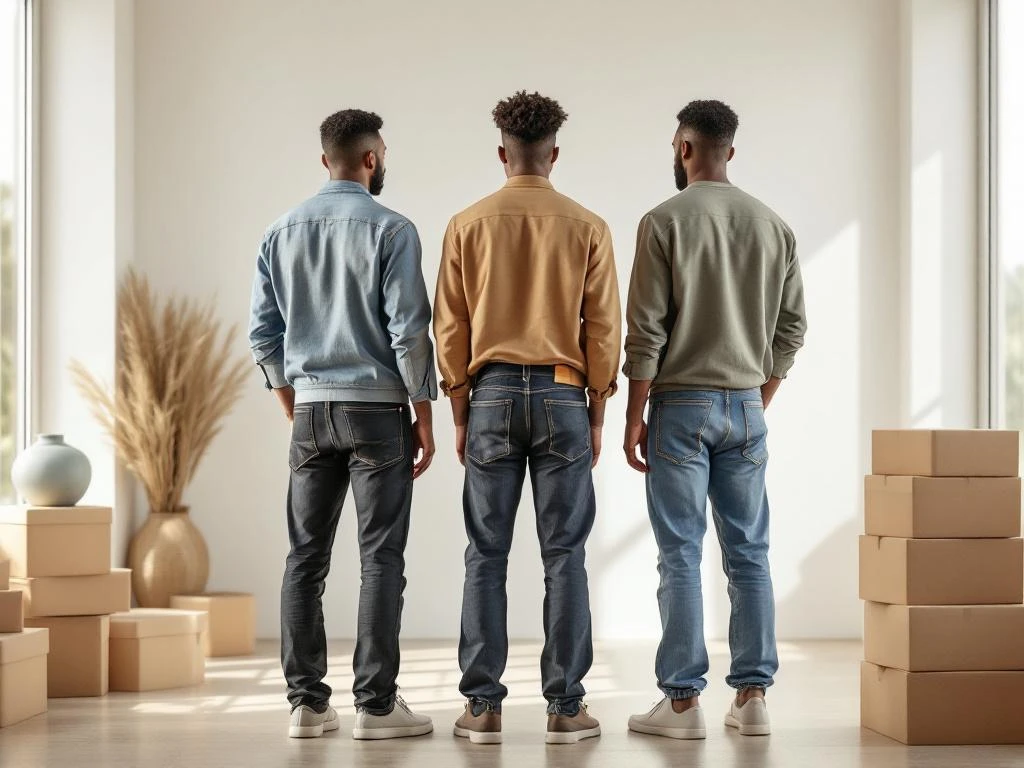 Drie mannen van achteren in verschillende jeansstijlen - slim-fit, straight-leg en relaxed-fit - in moderne kledingwinkel