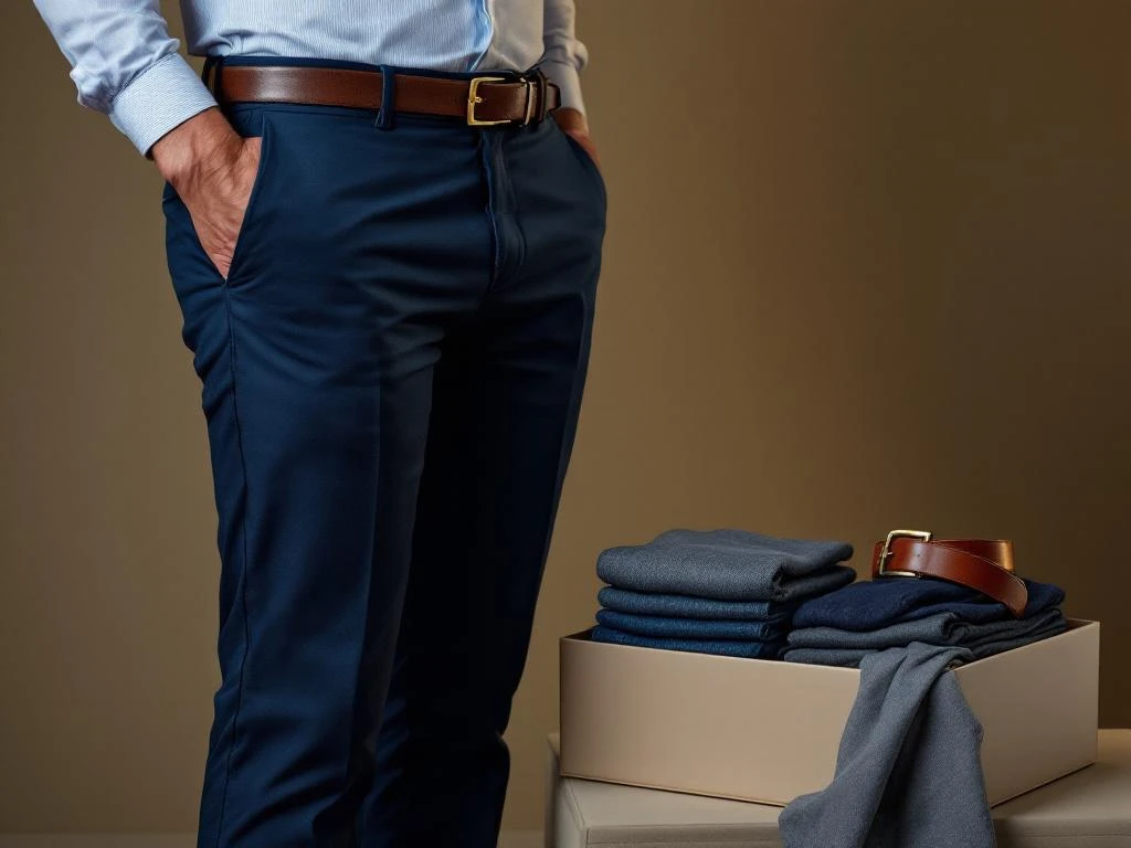Man in goed passende donkerblauwe broek naast beige stylebox met herenkleding en leren riem