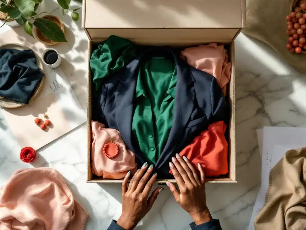 Geopende beige stylingbox op marmer met designerkleding, diverse handen arrangeren luxe items, mode sketches rondom