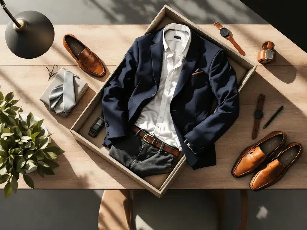 Stijlvolle herenkleding in beige doos op houten bureau: navy blazer, wit overhemd, grijze chino en bruine loafers