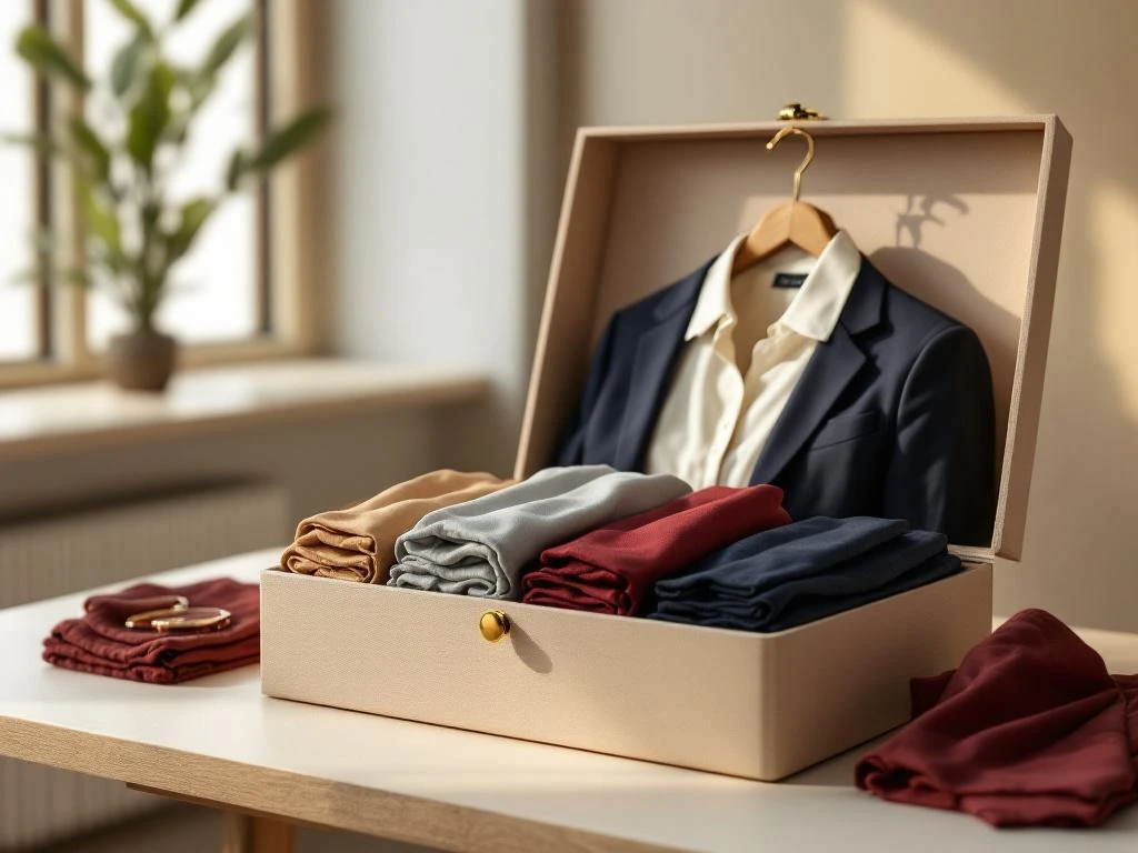 Geopende beige styling box op bureau met professionele kleding in navy, crème en bordeaux, natuurlijk licht