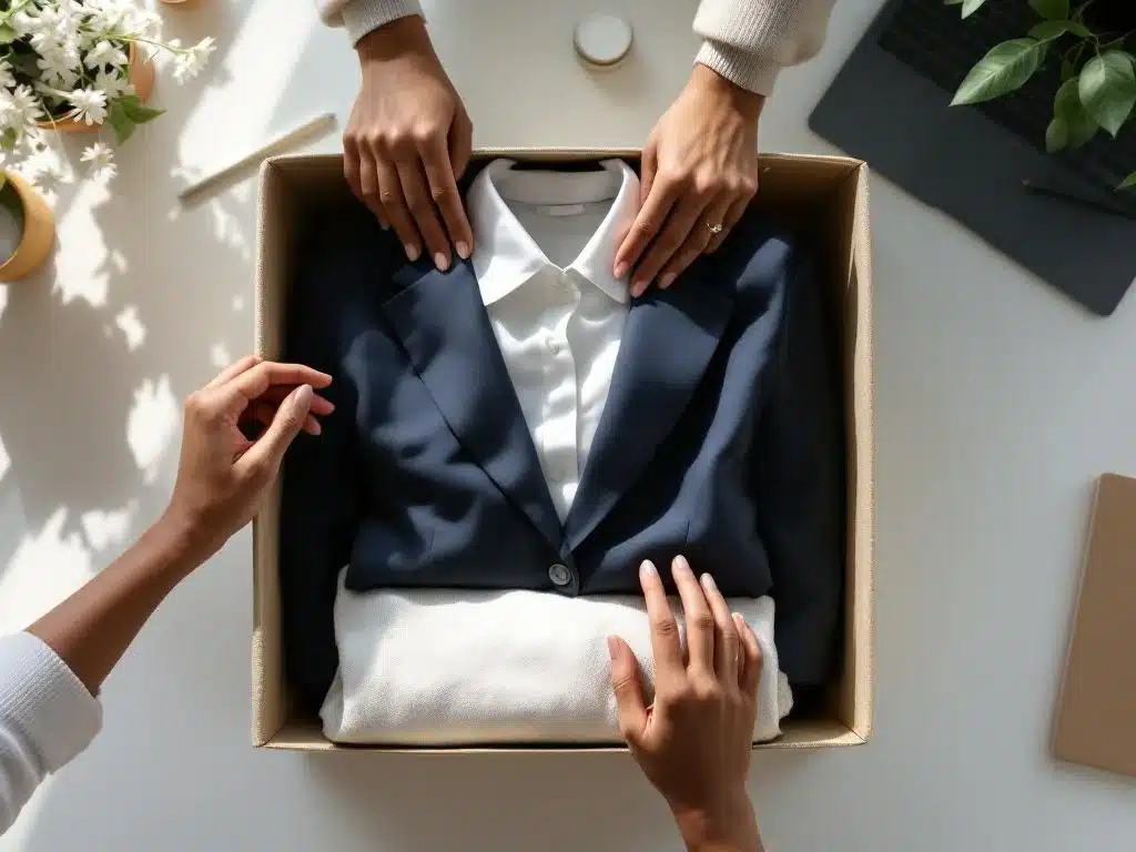 Beige stylingbox met professionele kleding op wit bureau, diverse handen rangschikken witte blouse en navy blazer