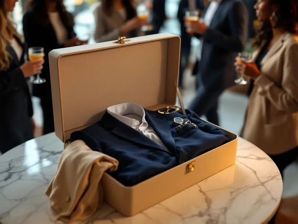 Open styling box met zakelijke kleding op marmeren tafel tijdens professioneel netwerkevenement met diverse deelnemers