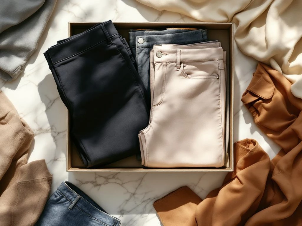 Styling box met gevouwen damesbroeken in navy, grijs en denim op marmeren oppervlak met warme belichting