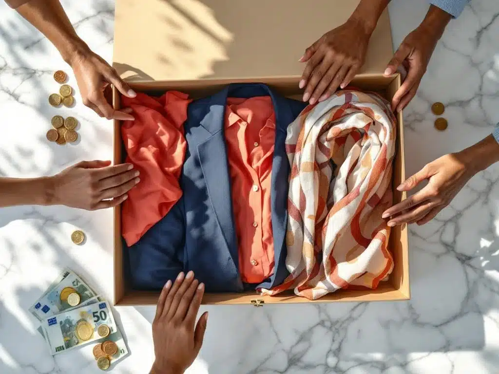 Open beige stylingbox met kleurrijke kleding op marmer, diverse handen maken keuzes, euromunten liggen verspreid rondom