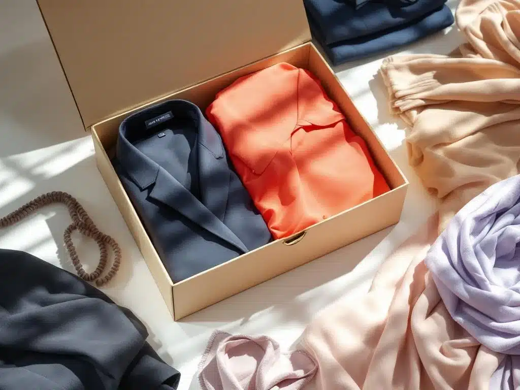 Beige stylingsbox met gevouwen kleding in koraal, marineblauw en lavendel op witte ondergrond met natuurlijk licht