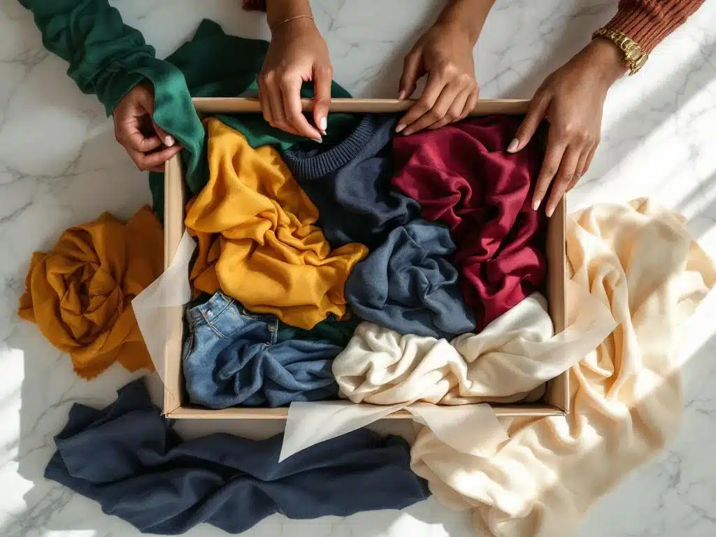 Beige stylingbox op marmer met kleurrijke kleding in juweel tinten, diverse handen arrangeren zijden blouses en accessoires