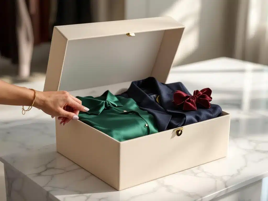 Geopende beige styling box op marmer met designerkleding in juweel tinten, vrouwenhand reikt naar luxe mode items