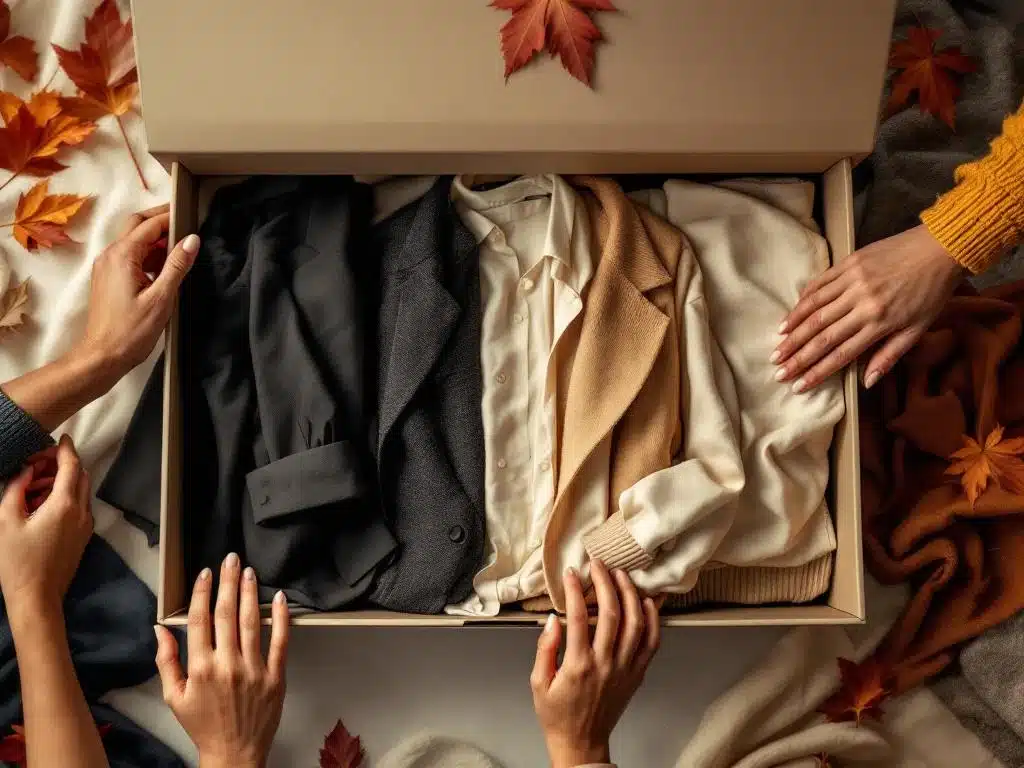 Luxe beige stylingbox met business casual kleding voor alle seizoenen, diverse handen selecteren items uit de collectie