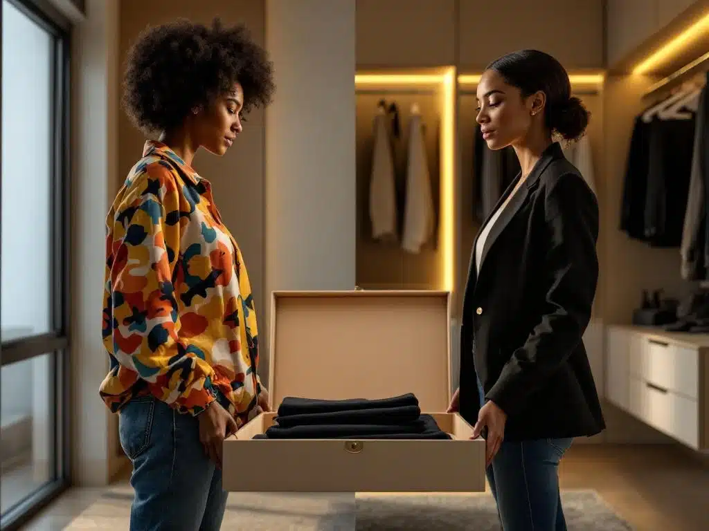 Vrouw toont kledingstijl transformatie: van wijde kleurrijke kleding naar strakke donkere blazer met jeans, styling box centraal