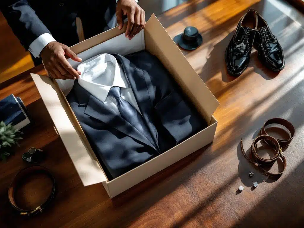 Diverse handen rangschikken zakelijke kleding in beige doos op houten bureau met pakken, overhemden en accessoires