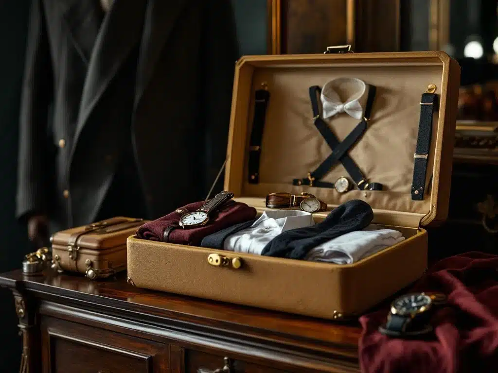 Vintage herengarderobe uit verschillende historische tijdperken op houten dressoir met open beige stylingbox