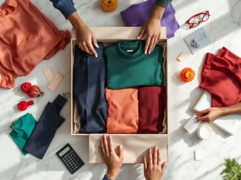 Beige kledingbox op marmeren oppervlak met kleurrijke dameskleding, handen van diverse vrouwen kiezen items