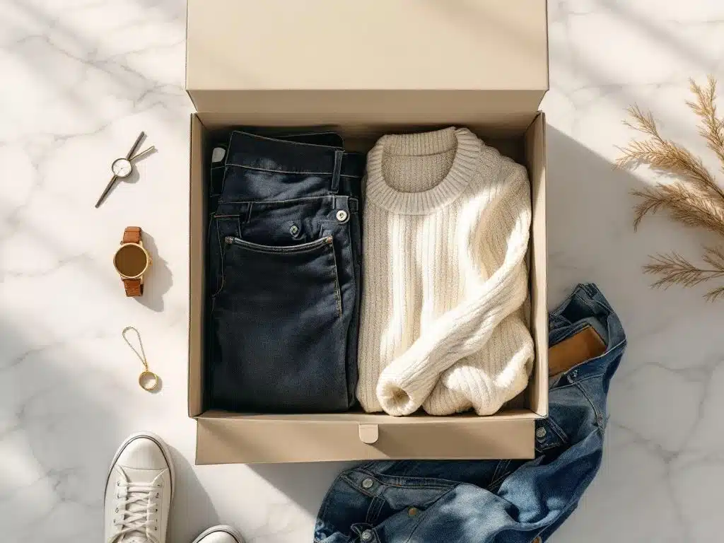 Open styling box op marmeren oppervlak met weekend kleding: donkere jeans, crème trui, witte sneakers en spijkerjasje