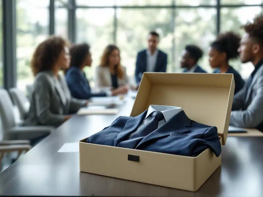 Beige stylingbox met zakelijke kleding op vergadertafel tijdens diverse professionele bedrijfsbijeenkomst