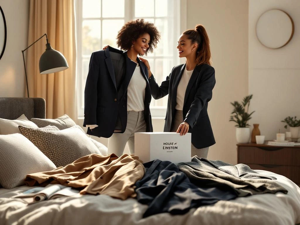 Professionele vrouw toont marineblauwe blazer uit House of Einstein kledingdoos met andere zakelijke jasjes op bed