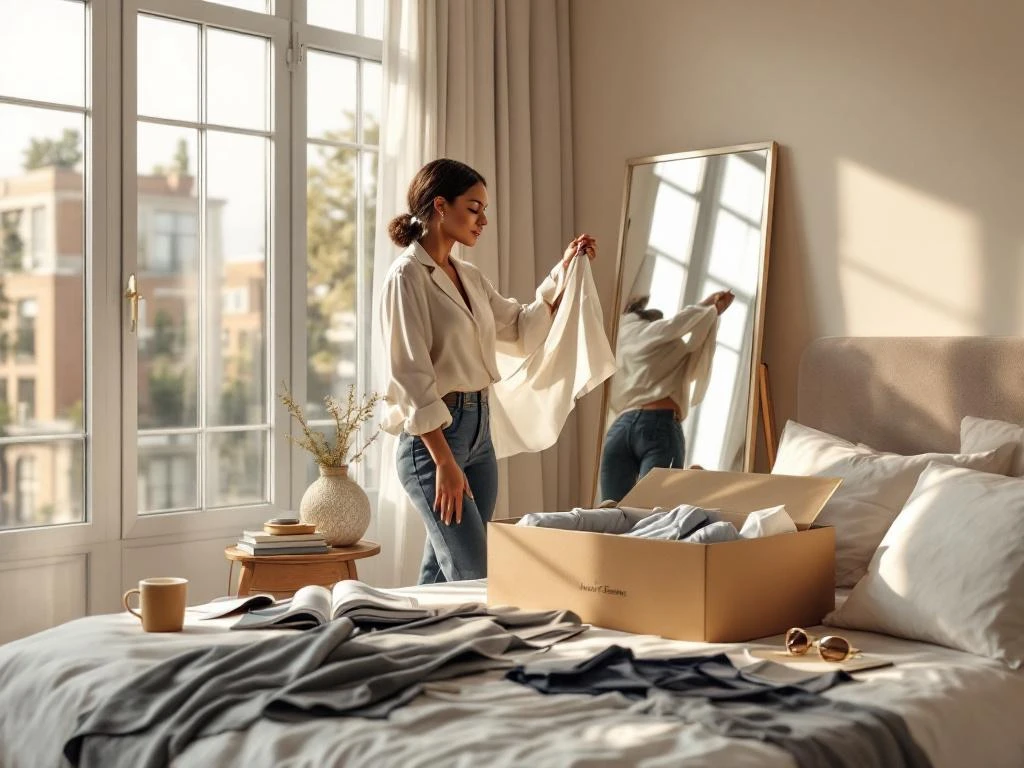 Diverse vrouw past professionele zomerkleding aan uit House of Einstein styling box in elegant appartement