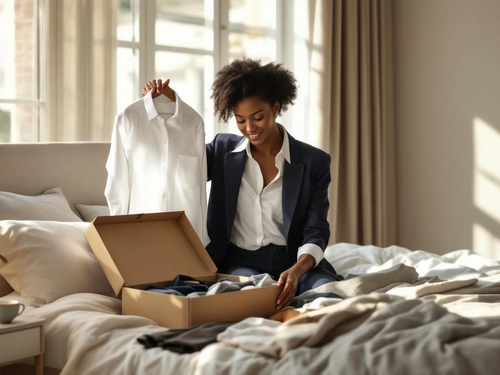 Vrouw met donkere huid houdt wit overhemd vast terwijl ze kledingstukken uit House of Einstein stylingbox rangschikt op bed