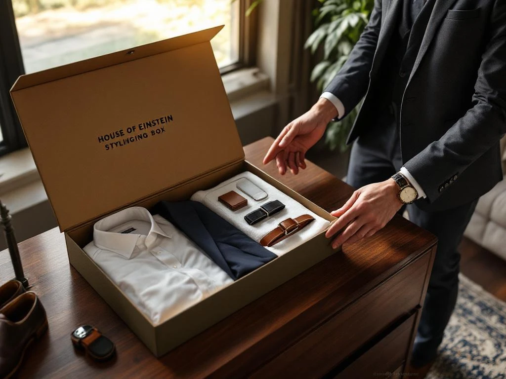 Man arrangeert klassieke herenkleding uit House of Einstein stylingbox op houten dresser in luxe slaapkamer