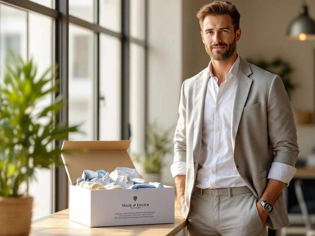 Professionele man in linnen blazer bij raam naast open House of Einstein kledingdoos met ademende kantoorkleding