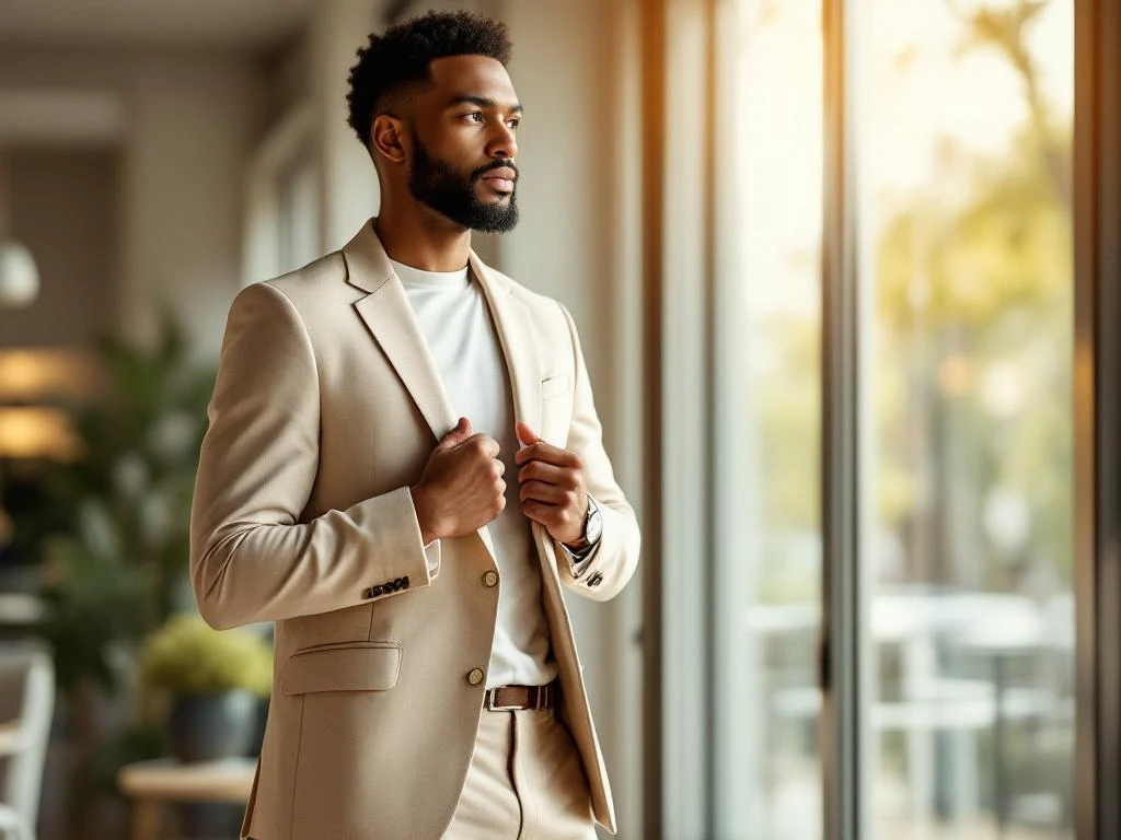 Professionele man in lichtgekleurde blazer past kraag aan bij raam in modern kantoor met natuurlijk licht