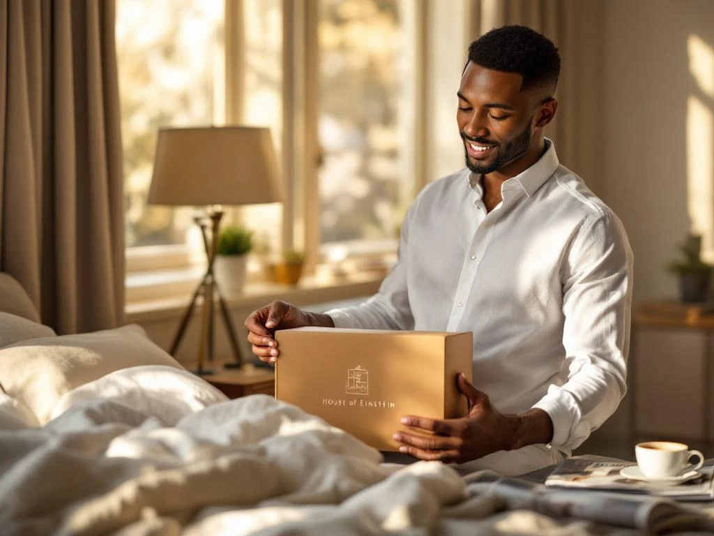 Man bekijkt witte linnen shirt uit House of Einstein styling box in moderne slaapkamer met natuurlijk licht