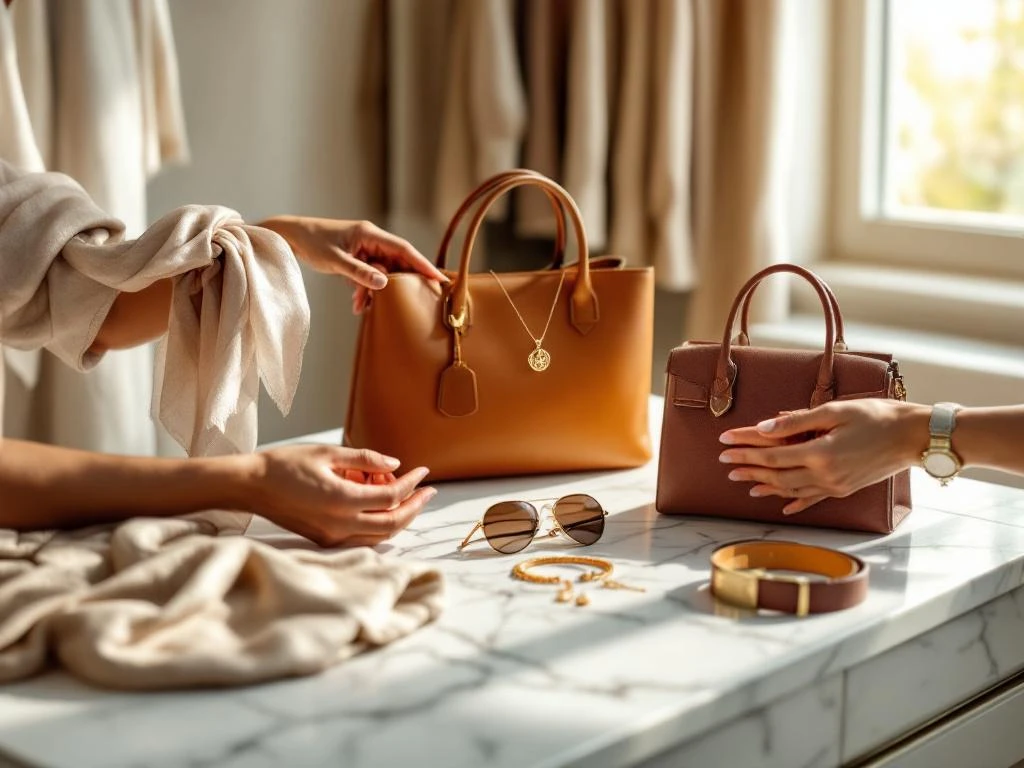Diverse handen rangschikken luxe accessoires op marmeren kaptafel: zijden sjaal, gouden sieraden, leren tas, zonnebril