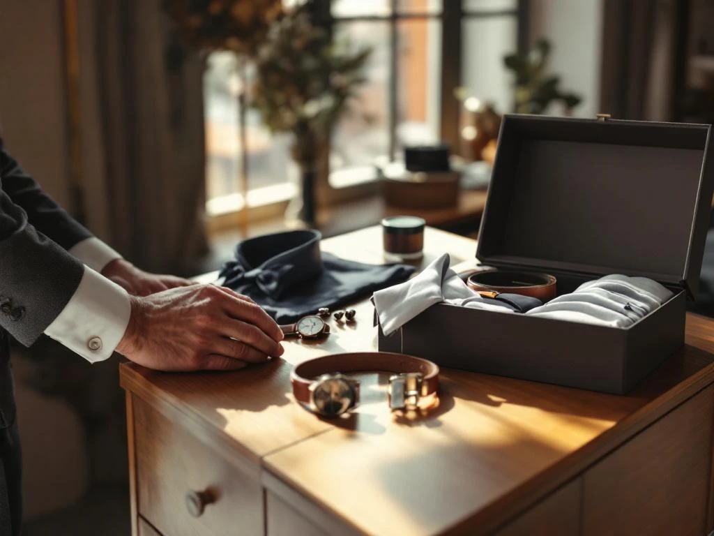 Man arrangeert premium herenmode accessoires op houten dresser - leren horloge, manchetknopen, pochet en riem