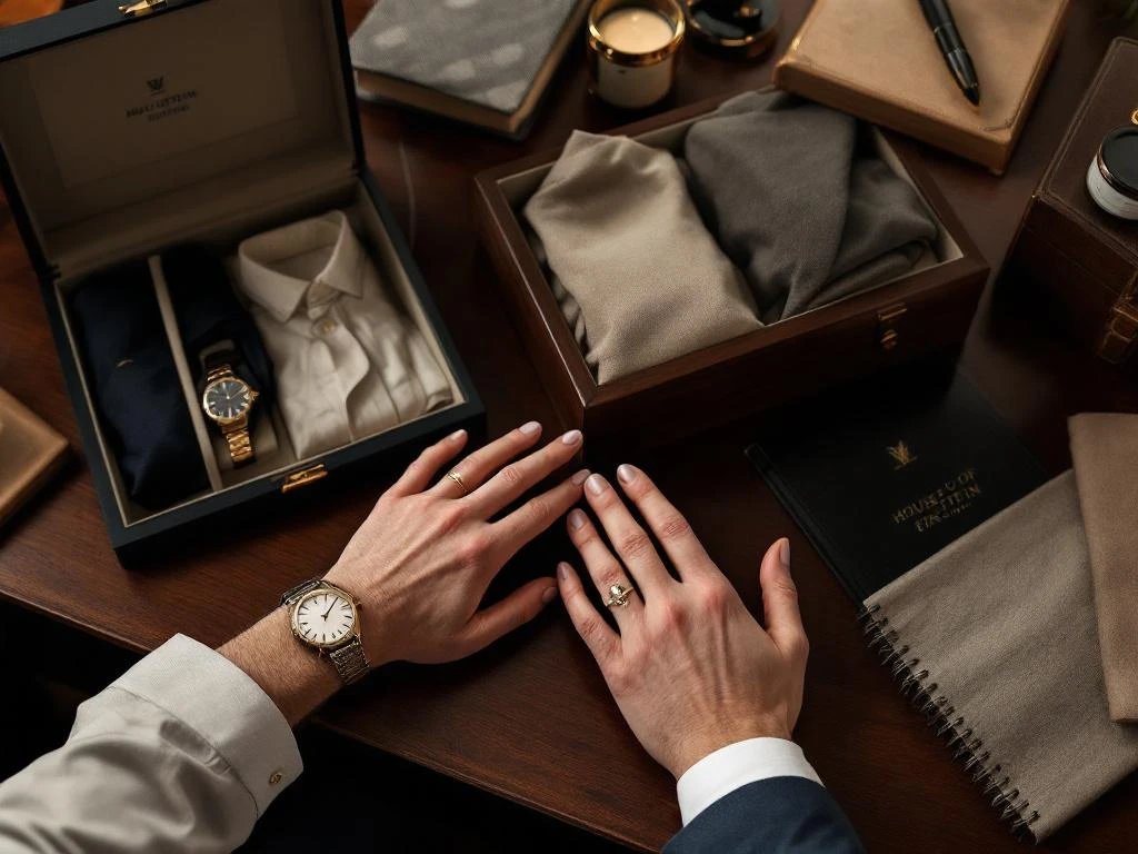 Elegante handen met luxe horloges op mahoniehout bureau naast open stylingbox met boeken en vintage accessoires