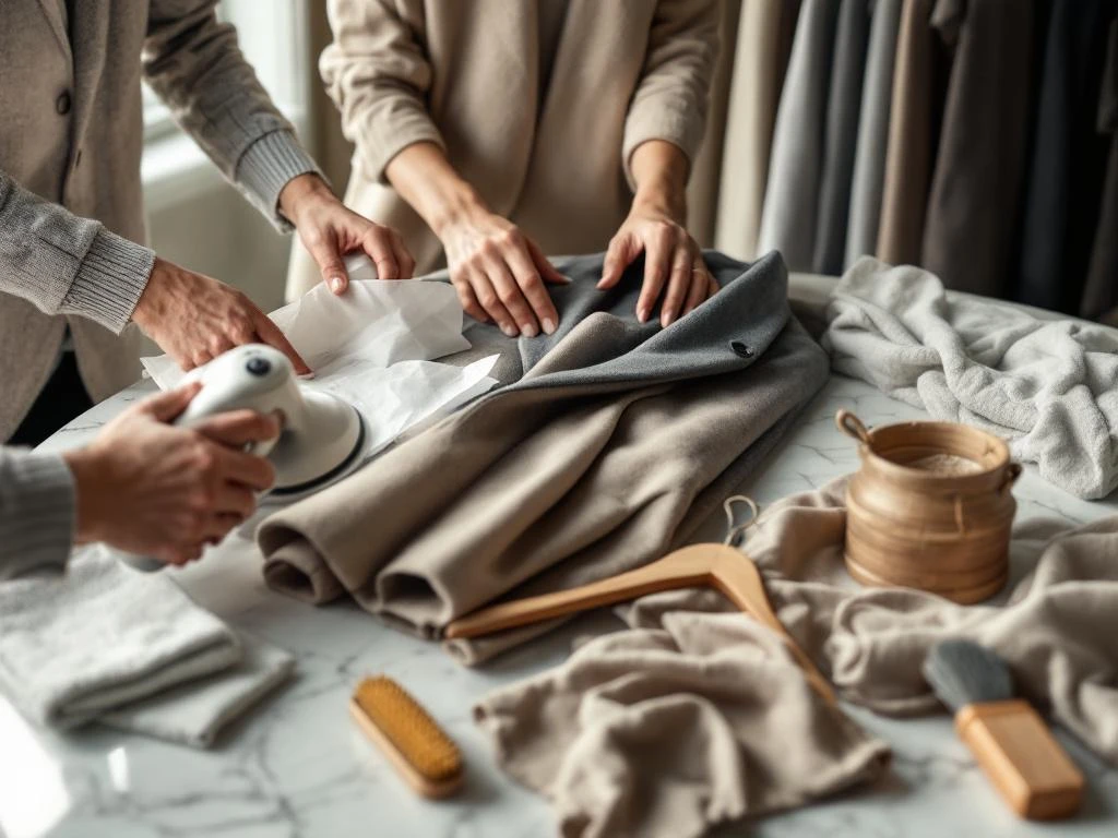 Diverse handen verzorgen premium kleding met stoomapparaat, vouwen kasjmier truien en organiseren kledingstukken thuis