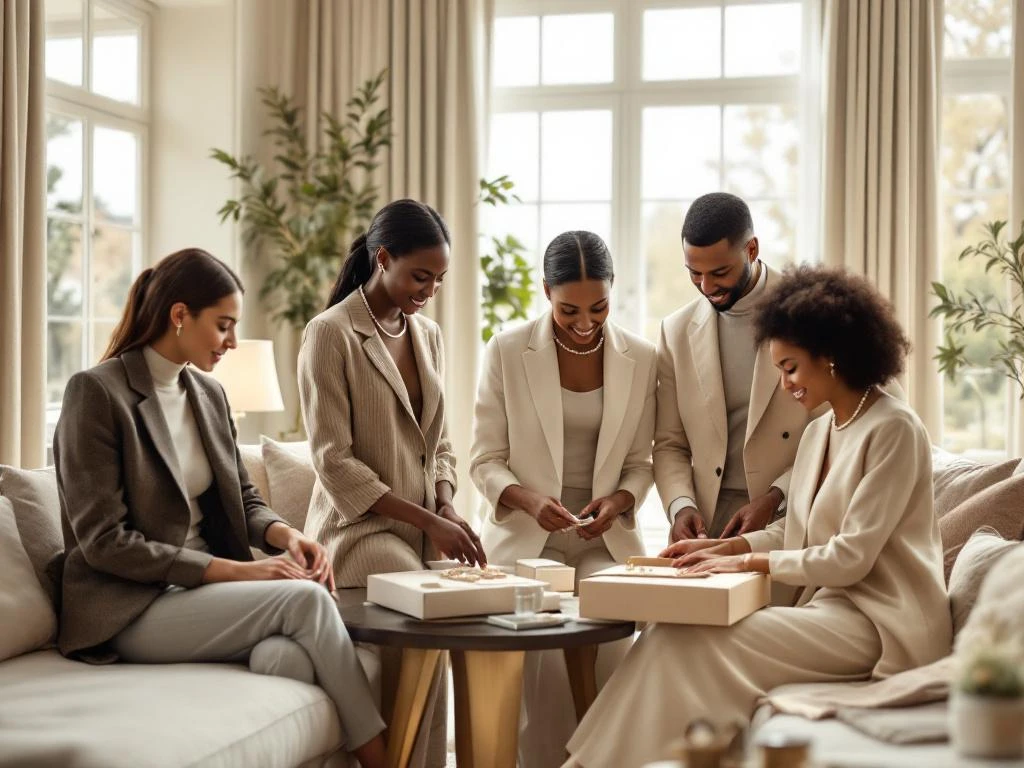 Diverse mensen bekijken luxe kleding in elegante beige woonkamer met kasjmier truien en klassieke blazers
