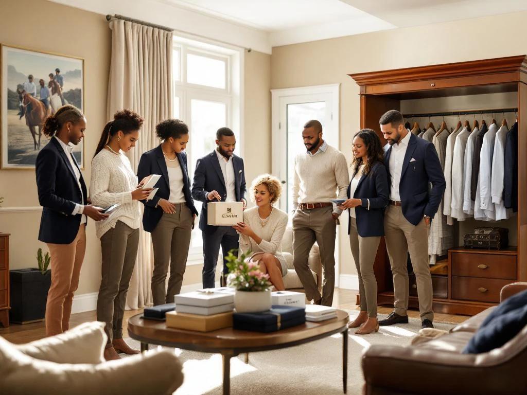 Diverse groep mensen in elegante kleding bekijkt premium House of Einstein kledingboxen in luxe woonkamer showroom