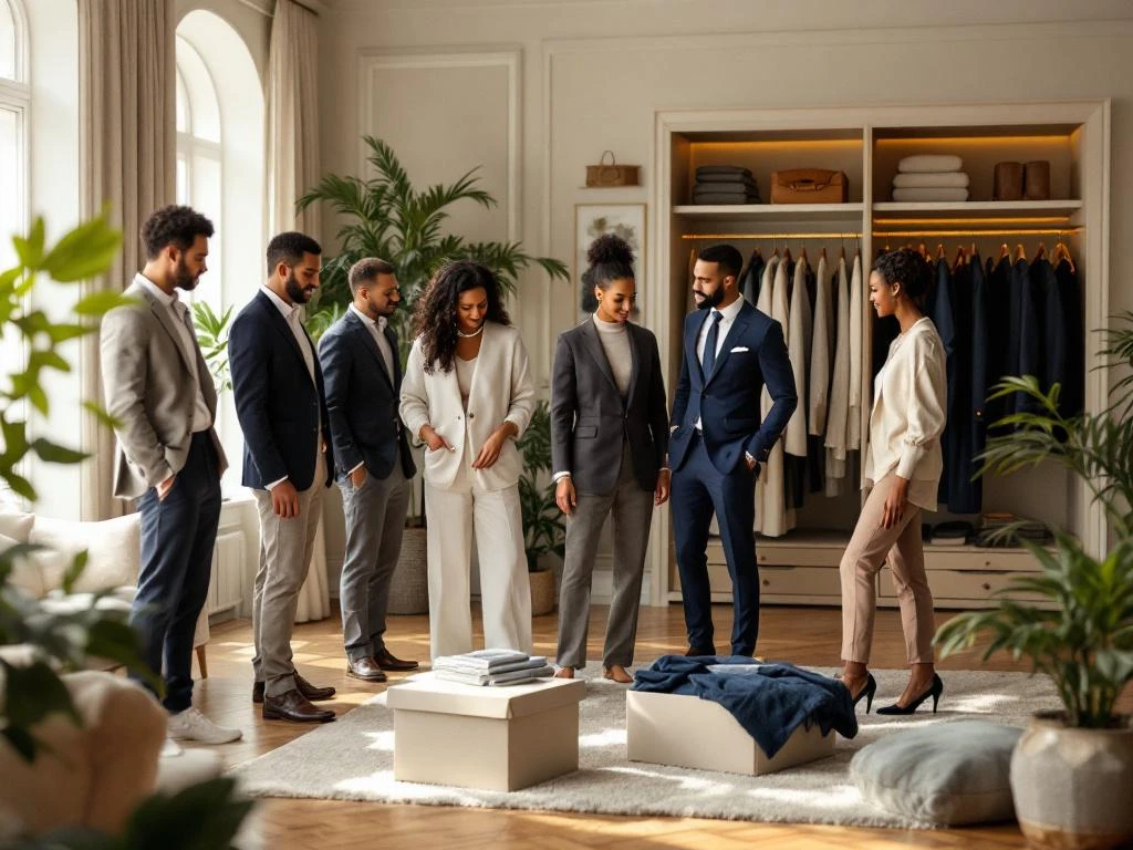 Diverse mensen passen luxe old money kleding aan in elegante woonkamer met premium mode dozen en tijdloze stukken