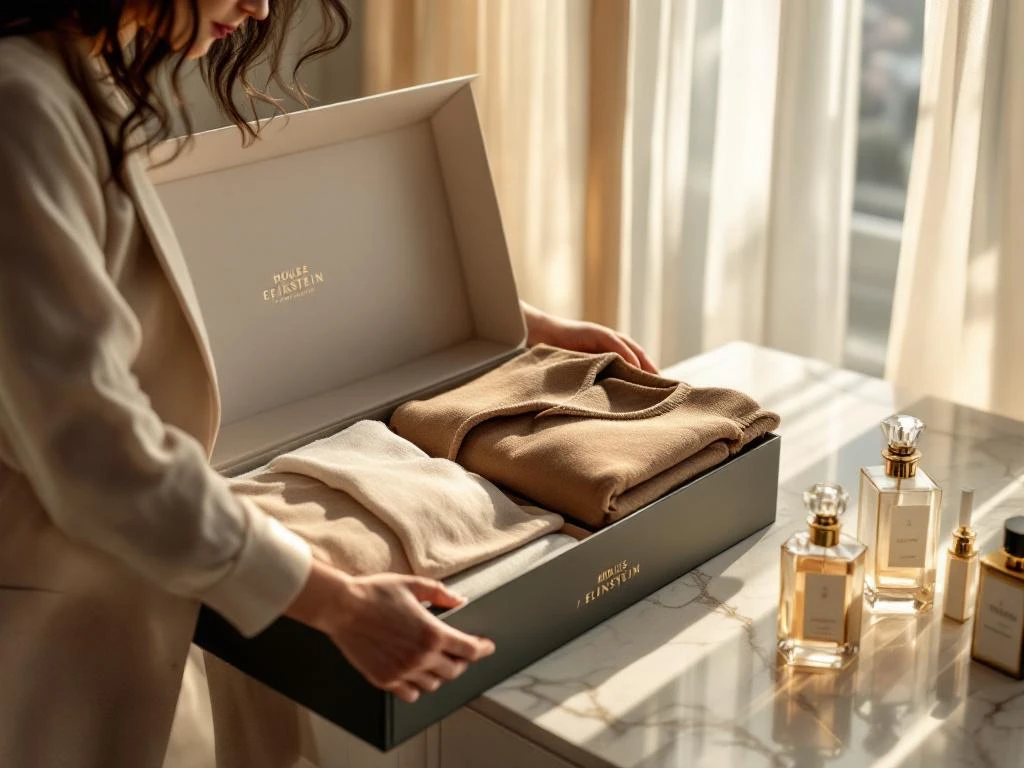 Elegante persoon opent luxe House of Einstein kledingdoos in slaapkamer met parfumflesjes op marmeren tafel