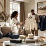 Diverse mensen bekijken luxe kleding in elegante woonkamer met natuurlijk licht, crème trui en navy blazers zichtbaar