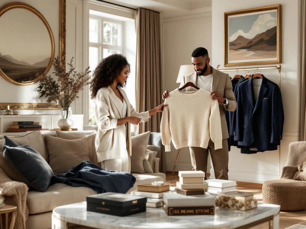 Diverse mensen bekijken luxe kleding in elegante woonkamer met natuurlijk licht, crème trui en navy blazers zichtbaar