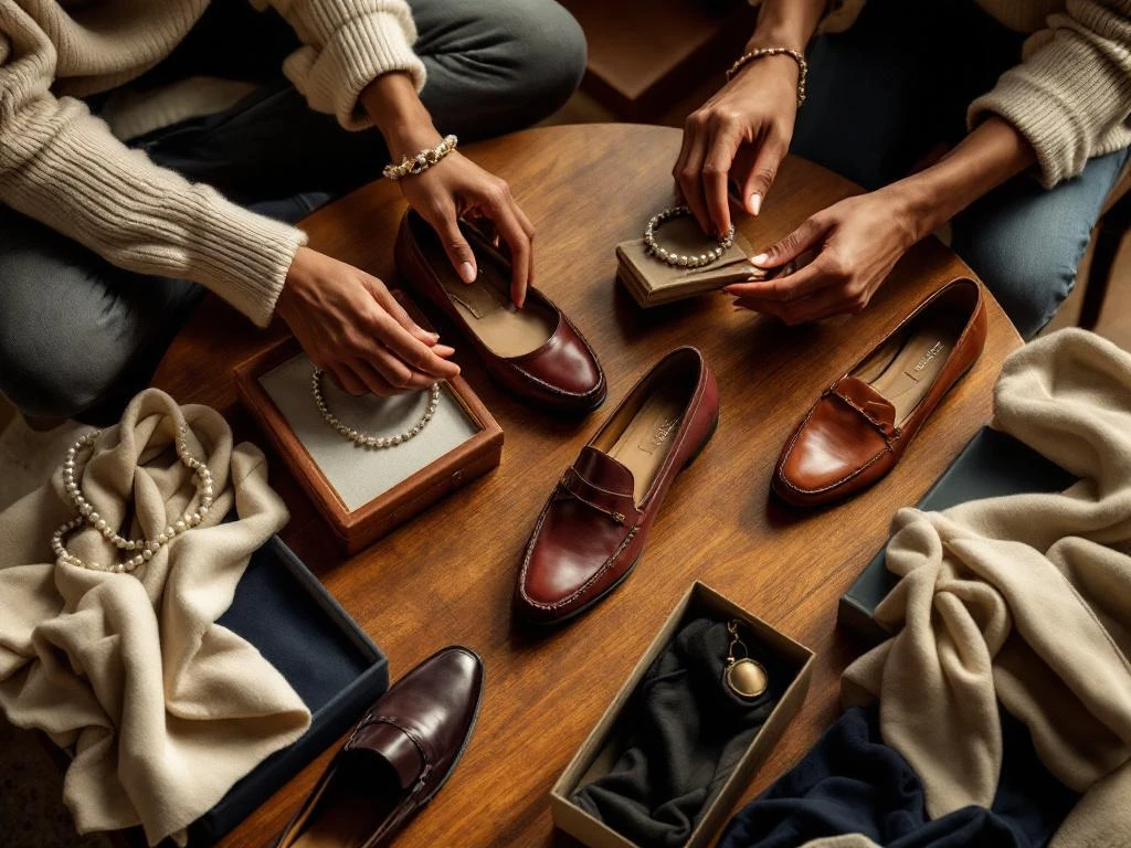 Luxe klassieke schoenen waaronder leren loafers en oxfords in elegante boetiek met diverse handen die premium schoeisel selecteren