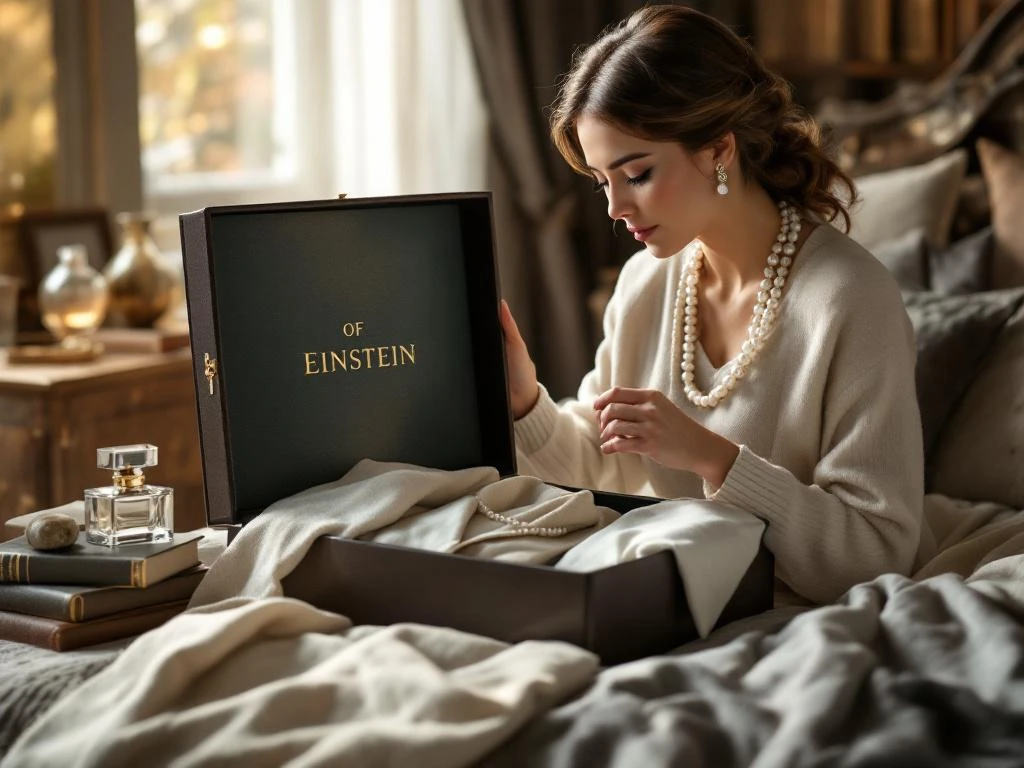 Elegante vrouw opent luxe House of Einstein styling box met kasjmier trui en parels in verfijnde slaapkamer