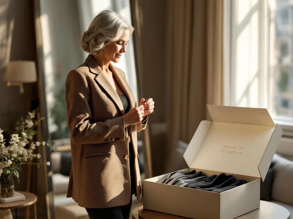 Elegante rijpe vrouw met zilvergrijs haar past blazer van House of Einstein in stijlvol stedelijk appartement