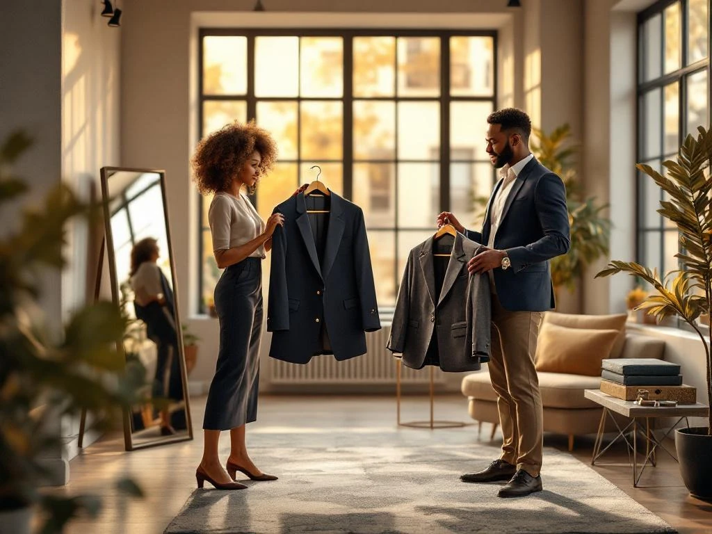 Diverse mensen passen elegante blazers in moderne loft met natuurlijk licht en premium kledingboxen
