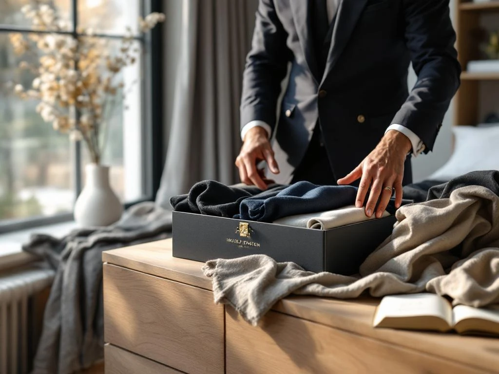 Man selecteert premium stoffen uit House of Einstein kledingdoos op houten dresser in moderne slaapkamer met ochtendlicht