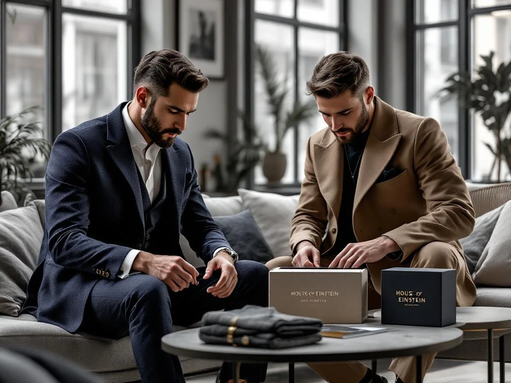 Twee mannen in stijlvolle loft bekijken premium kleding uit House of Einstein styling boxen op moderne salontafel