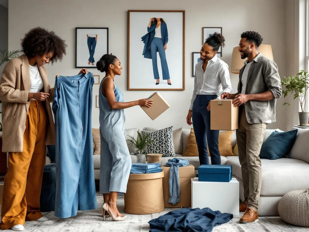 Diverse mensen bekijken premium kledingalternatieven van House of Einstein in moderne woonkamer met natuurlijk licht