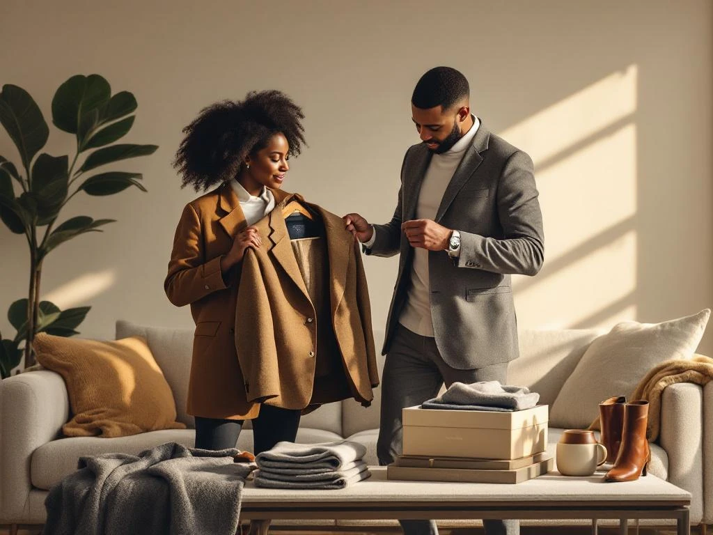 Diverse mensen bekijken tijdloze kledingstukken van House of Einstein in moderne woonkamer met natuurlijk licht