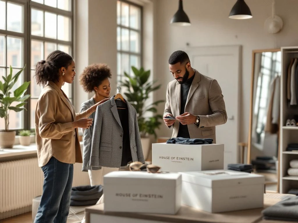 Diverse mensen bekijken premium kleding van House of Einstein in moderne loft met grote ramen en natuurlijk licht