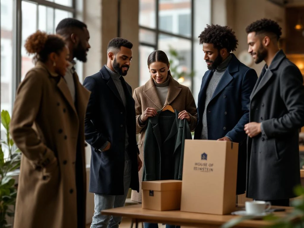 Diverse mensen bekijken House of Einstein weerbestendige jassen in stijlvolle urban loft met natuurlijk licht