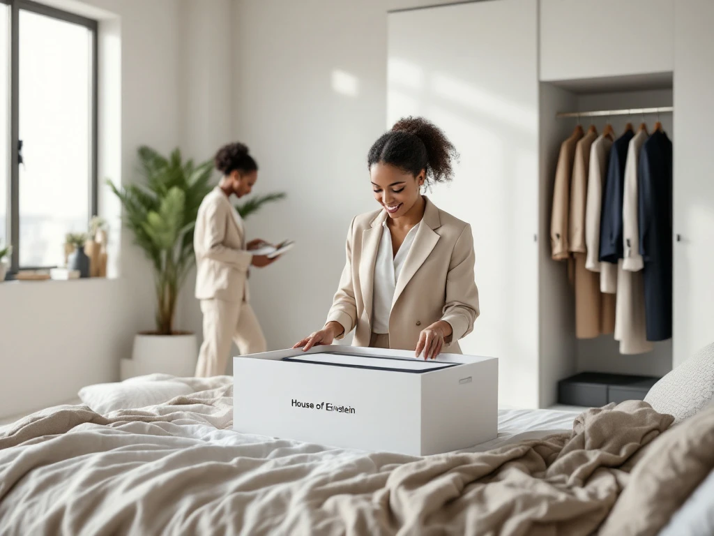 Vrouw opent House of Einstein kledingdoos met neutrale professionele kleding in moderne slaapkamer met natuurlijk licht