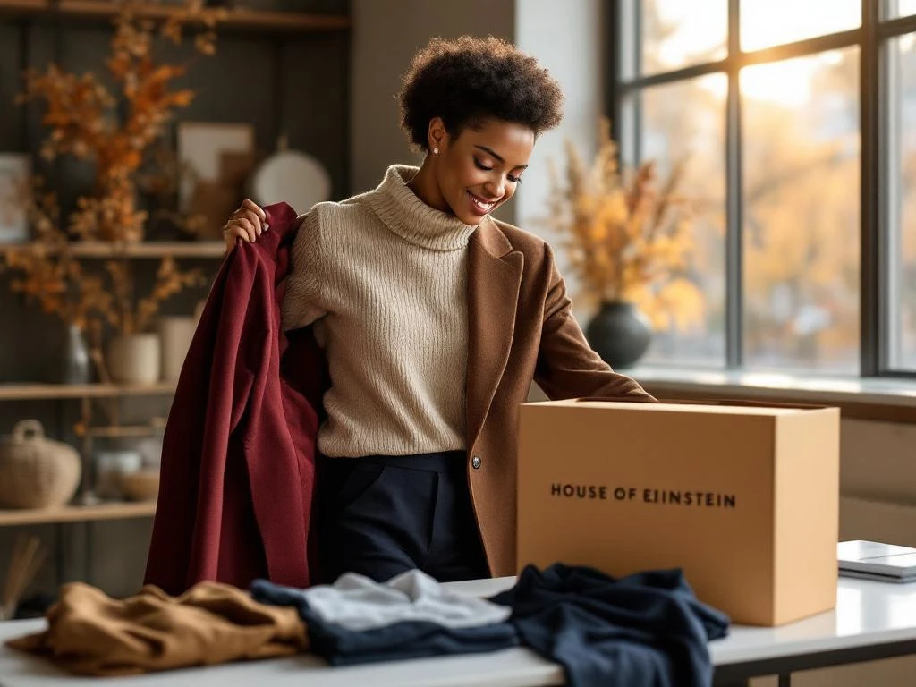 Professionele vrouw toont herfst kantoorkleding uit House of Einstein styling box met blazer, trui en wit overhemd