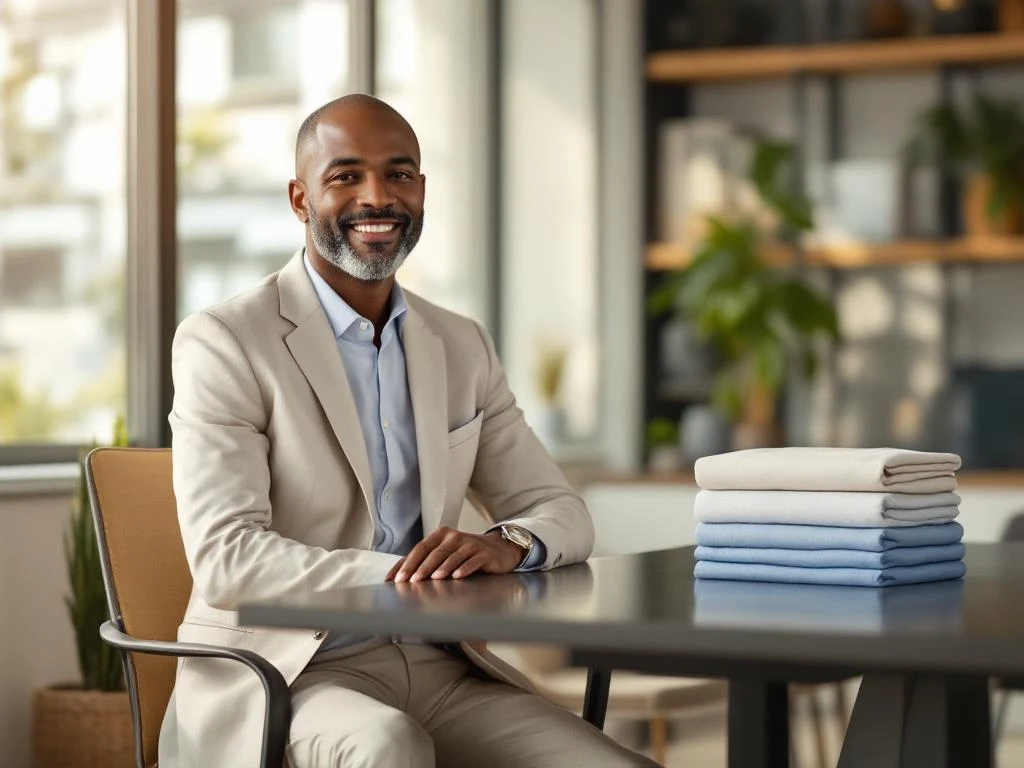 Diverse zakenman in beige linnen blazer aan vergadertafel in modern kantoor met House of Einstein kledingdoos op credenza