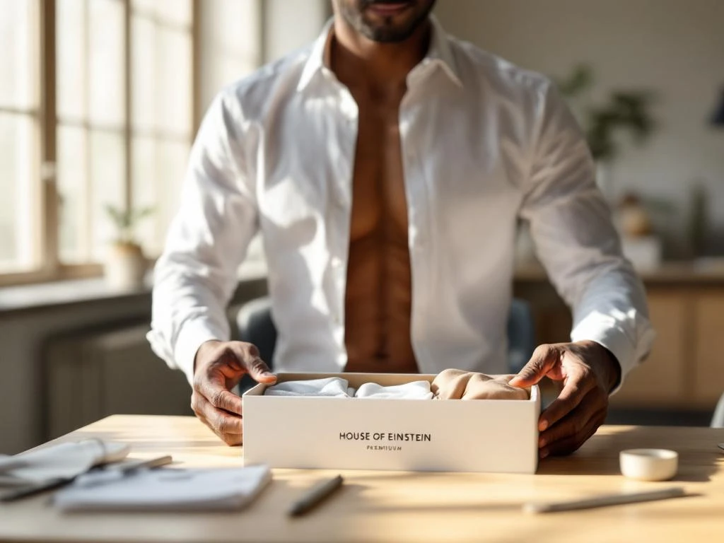 Professionele persoon opent House of Einstein kledingdoos met onderkleding op modern kantoorbureau